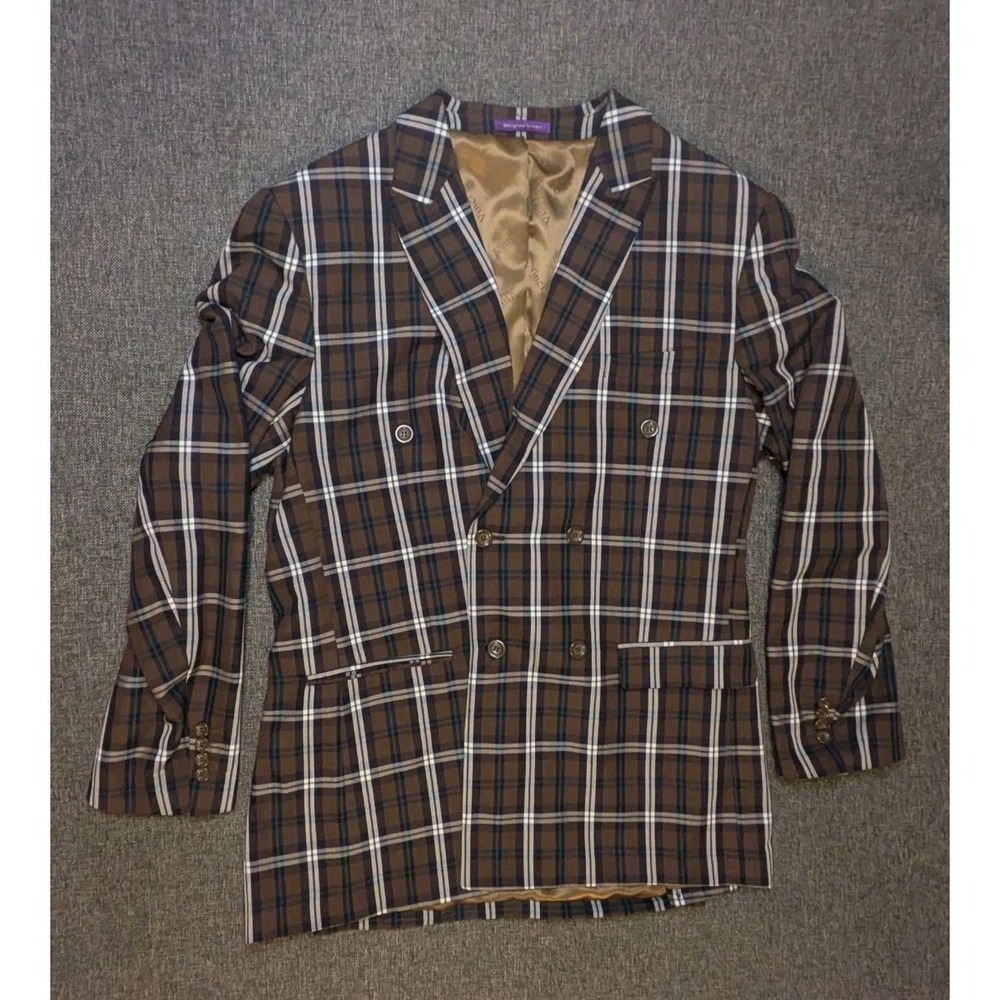 Vinci Mens 46R Long Plaid‎ Dress Blazer Jacket Two Button Lined Notch Lapel Suit
